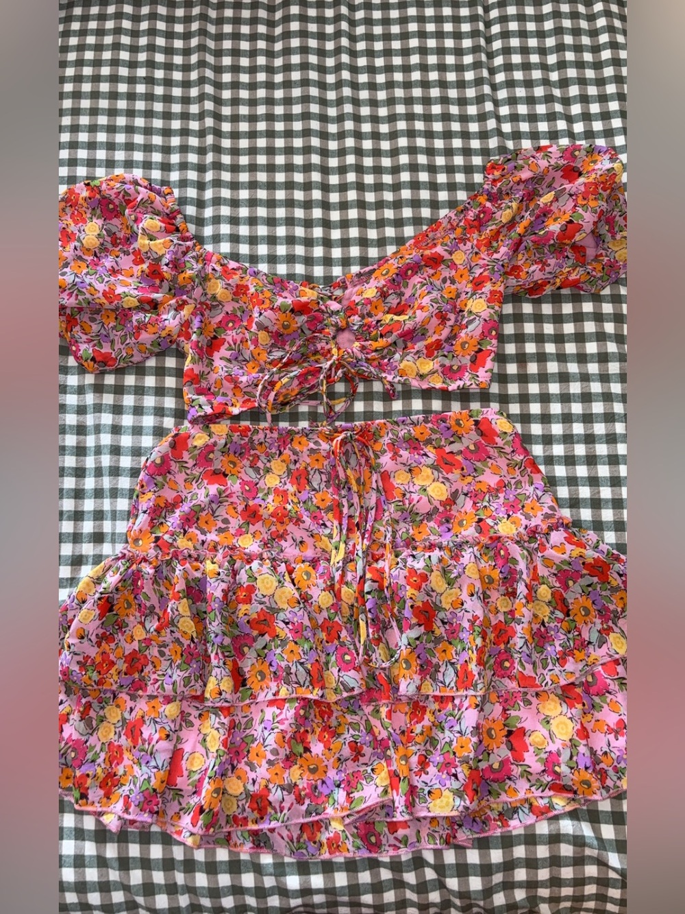 wild fable Pink Floral Puff-Sleeve Crop Top & Skirt set